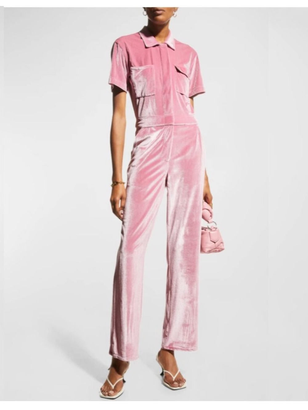 Rivet Utility Worker Pink Velvet Jumpsuit Velour Utility Zip Front Small